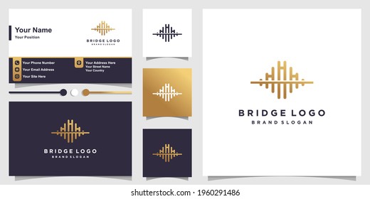 Bridge logo with creative golden concept and business card design Premium Vector