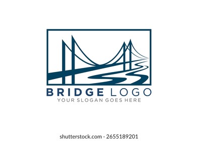 Design des Bridge-Logos  Saubere Linien, einfacher Stil. Gebäude Wahrzeichen Landschaft Brücke und Fluss Vektorgrafik.