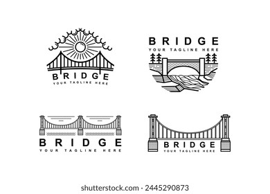 Logotipo del puente con el sol y el puente. diseño del logotipo del estilo del arte de la línea en el sistema