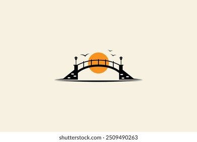 Logotipo da ponte com pôr do sol e ave gaivota