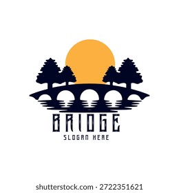 Logo del puente con árboles, sol y reflejo del agua  
