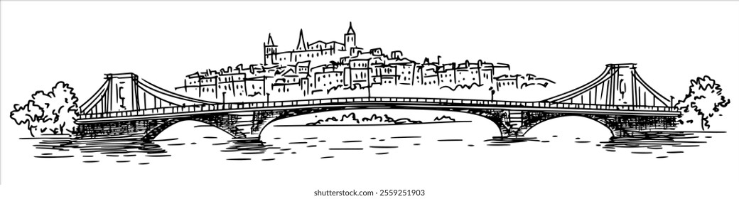 bridge in Lyon with a view of the Old Town city ​​panorama hand drawing doodle hatching vector sketch