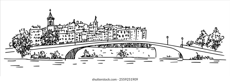 bridge in Lyon with a view of the Old Town city ​​panorama hand drawing doodle hatching vector sketch