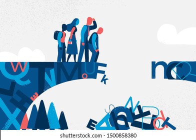 A bridge made of letters with people watching the letters fall down. Concept of modern society losing its cultural heritage. Vector illustration