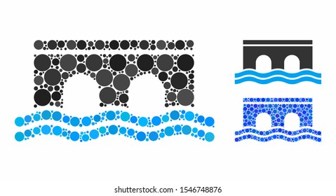 Bridge mosaic of circle elements in various sizes and color hues, based on bridge icon. Vector circle elements are organized into blue composition. Dotted bridge icon in usual and blue versions.