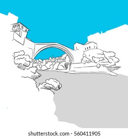 Bridge in Mostar, hand-drawn vector drawing, blue series