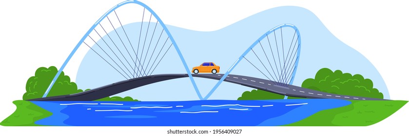 Bridge in mountains, modern pedestrian suspension bridge over abyss, cartoon style vector illustration, isolated on white.