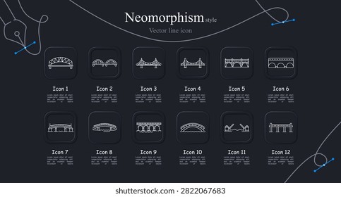 Bridge neomorphism set icon. Arch roadway, suspension crossing, river viaduct, elevated pathway, structural engineering, transportation construction, urban connection graphics.