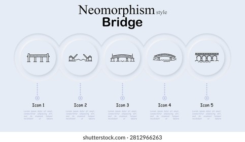 Bridge neomorphism set icon. Elevated viaduct, suspension crossing, arched roadway, river pathway, stone aqueduct, transportation infrastructure, architectural engineering, urban connection symbols