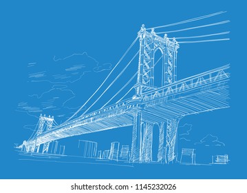 Bridge, New York. USA. Hand drawn. Vector illustration.