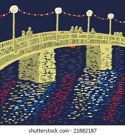 Bridge. The night bridge with golden light is in unrecognizable city.