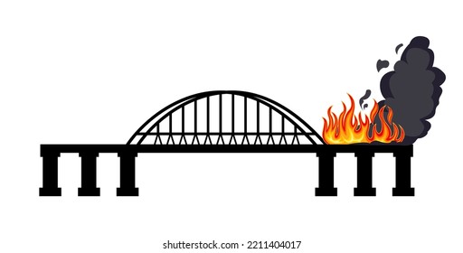 The bridge is on fire. Fire and clouds of smoke. Black silhouette of a bridge with an arch. Flat simple illustration.