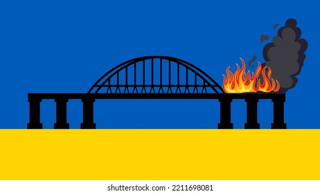El puente está en llamas. Fuego y nubes de humo. Silueta negra de un puente con un arco. Ilustración simple plana. Bandera ucraniana.
