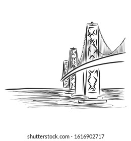 Bridge on the river, landscape, vector sketch illustration 