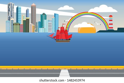 Bridge on the sea, city street, city buildings on the horizon on the ocean coast . Ship with red sails in the harbour and clouds in the sky. Flat, vector