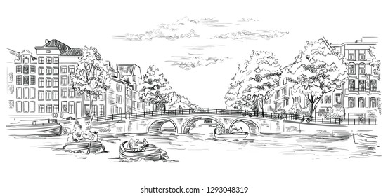 Bridge over the canals of Amsterdam, Netherlands. Landmark of Netherlands. Vector hand drawing illustration in black color isolated on white background.