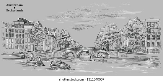 Bridge over the canals of Amsterdam, Netherlands. Landmark of Netherlands. Vector hand drawing illustration in black and white colors isolated on grey background.