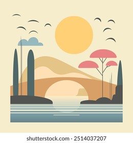 Puente sobre un lago con vegetación a su alrededor y siluetas de montañas al fondo. Estilo minimalista. Vector arte moderno.