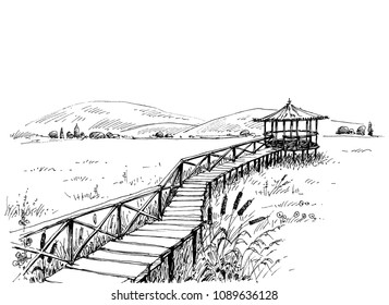 Bridge over meadow to the watchtower sketch. Artistic black and white wallpaper