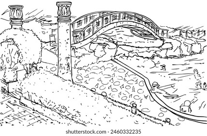 Bridge over the pool, path with hedges and Egyptian columns. Ink line drawing