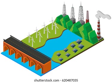 Bridge over the river in 3D design illustration