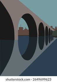 Bridge over the river with arched spans and reflection in the water and city outlines in the background. Colored vector illustration in a flat style. EPS10. For decorating your designs, creating urban