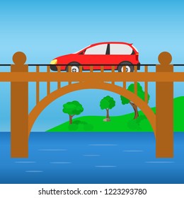 Bridge over a river with a car. Modern mini car goes on over bridge across river.
