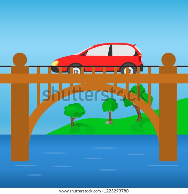 Bridge over a river with a car. Modern mini car\
goes on over bridge across\
river.