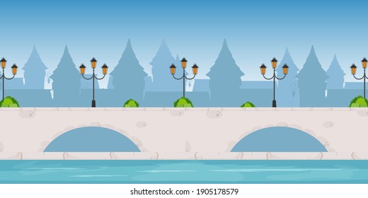 Bridge over the river. City silhouette. Vector illustration.