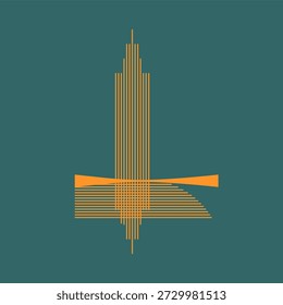 A bridge over a river in the city and a skyscraper. Art Deco style. Logo. the Emblem. the insignia.