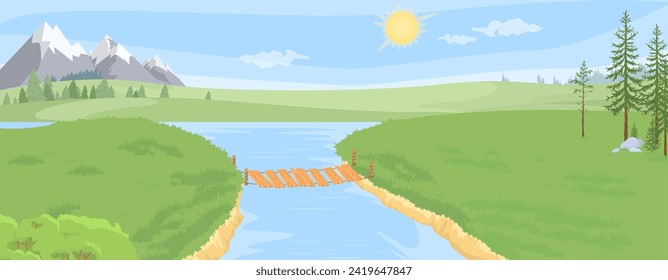 Bridge over river connecting two land masses with natural background. Cartoon green valley landscape with green grass, mountain, fir and spruce trees