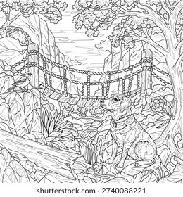 A bridge over a river and a dog.Landscape.Coloring book antistress for children and adults. Illustration isolated on white background.Zen-tangle style. Hand draw