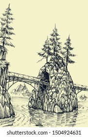 Bridge over river hand drawing