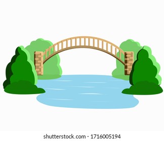 Bridge over the river and juicy trees isolated on a white background