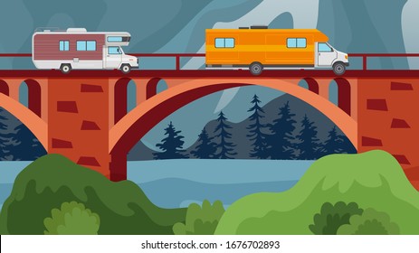 Bridge over river or lake with autos of travelers vector illustration. Car trip, motorhomes crossing bridge vector illustration. Natural landscape with hills, trees, water.