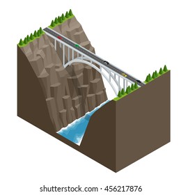 Bridge over the river in the mountains.  Bridge construction flat isometric vector illustration.