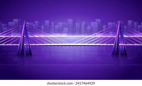 Puente sobre el río en el fondo de la ciudad. Puente de hormigón alto en ilustración horizontal nocturna.