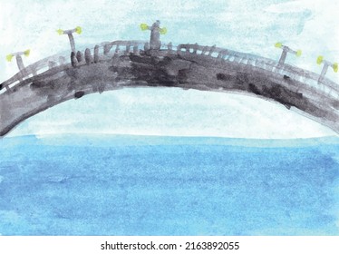 Bridge over the river  Watercolour  Vector drawing  A gray bridge and lights over quiet river against blue sky 