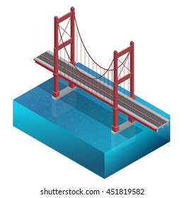 Bridge over the river,design, unit structure. Bridge-construction. Vector flat 3d isometric illustration.
