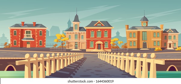 Bridge Over Rivet And Promenade In Old European Town. Vector Cartoon Cityscape With Old Lake Quay, Empty Seafront With Retro Architecture, Autumn Trees And Pier