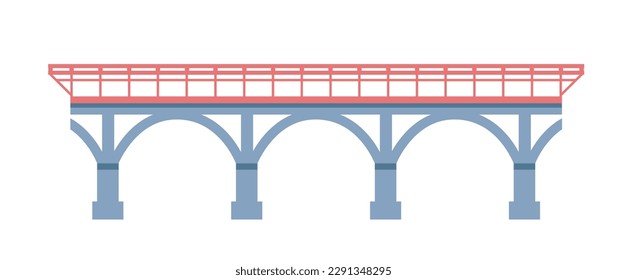 Bridge for pedestrians and vehicles, isolated architecture construction, city planning and infrastructure building. Isolated concrete base and pillars, protective railing. Vector in flat style