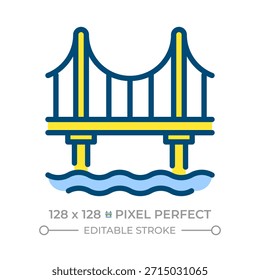 Ícone de cor de linha perfeita de pixel da ponte. Viadutos para veículos que circulam sobre o rio. Infraestrutura e arquitetura rodoviárias. Ilustração isolada de vetor. Design de símbolo colorido plano. Traçado editável