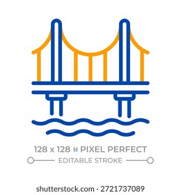 Ícone de linha de duas cores perfeito para pontes. Passagem livre para veículos sobre o rio. Infraestrutura rodoviária, arquitetura símbolo bicolor. Pictograma linear duotônico. Ilustração isolada. Traçado editável