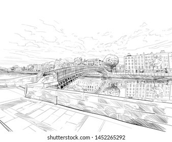 Bridge Polpenny pedestrian bridge river  Liffey. Dublin, Ireland. Urban sketch. Hand drawn vector illustration. 