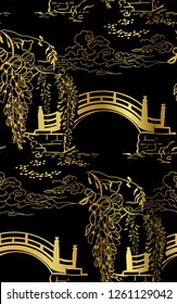 bridge pond river wisteria nature landscape view vector sketch illustration japanese chinese oriental line art ink seamless pattern svg