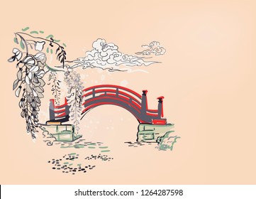 bridge pond river wisteria nature landscape view vector sketch illustration japanese chinese oriental line art ink card background svg