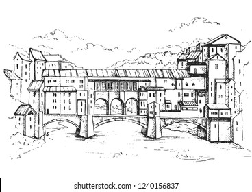 Bridge Ponte Vecchio and the Arno River from the Ponte Santa Trinita (Holy Trinity Bridge) in Florence,Tuscany, Italy.Vintage travel sketch.Retro style touristic postcard, poster or book illustration.