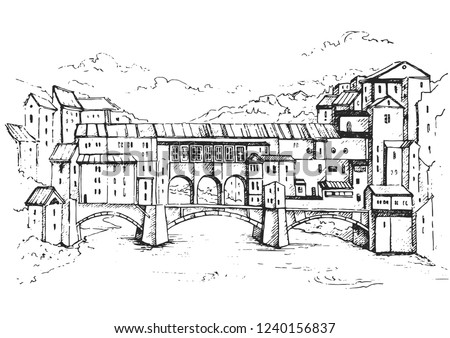 Bridge Ponte Vecchio and the Arno River from the Ponte Santa Trinita (Holy Trinity Bridge) in Florence,Tuscany, Italy.Vintage travel sketch.Retro style touristic postcard, poster or book illustration.