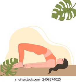 Bridge Pose (Setu Bandhasana).Young woman practicing yoga exercise.Healthy lifestyle. Flat vector illustration isolated on white background.