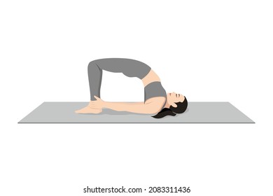 Bridge Pose Variation Ankles, Beautiful girl practice Setubandha Sarvangasana Variation Ankles. Young attractive woman practicing yoga exercise. working out, black wearing sportswear, grey pants